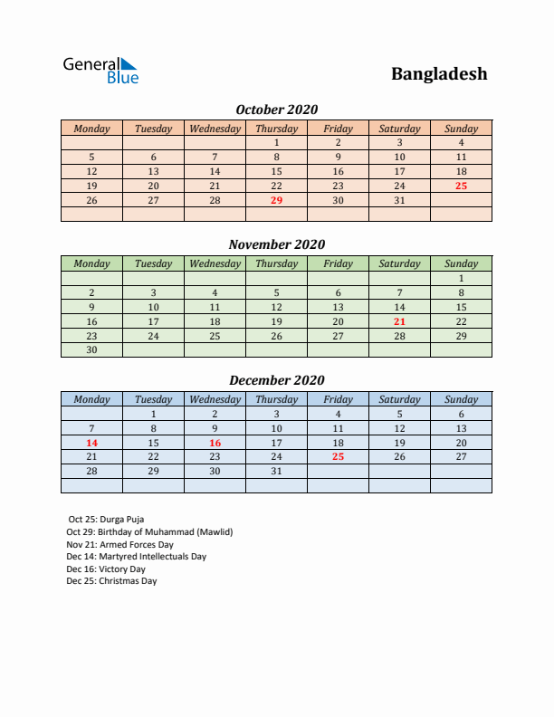 Q4 2020 Holiday Calendar - Bangladesh