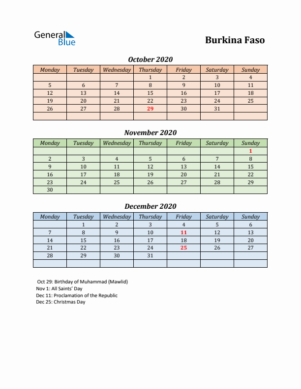 Q4 2020 Holiday Calendar - Burkina Faso