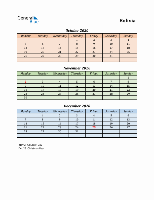 Q4 2020 Holiday Calendar - Bolivia