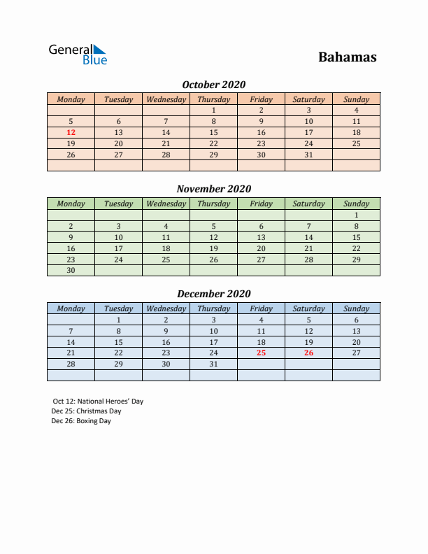 Q4 2020 Holiday Calendar - Bahamas