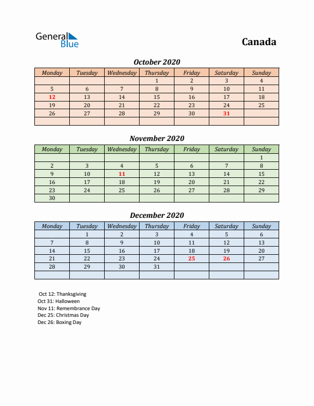 Q4 2020 Holiday Calendar - Canada