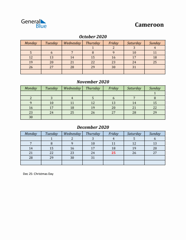 Q4 2020 Holiday Calendar - Cameroon