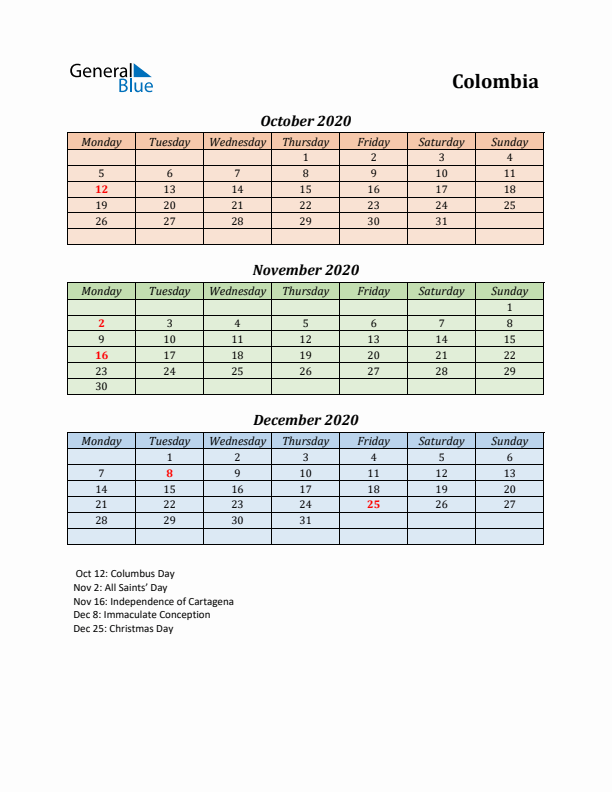 Q4 2020 Holiday Calendar - Colombia