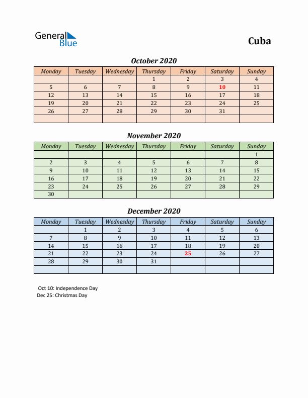 Q4 2020 Holiday Calendar - Cuba