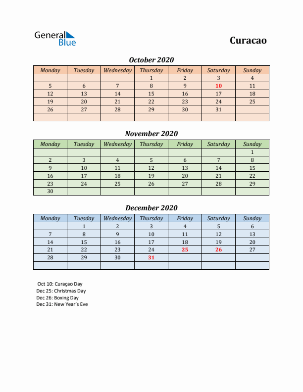 Q4 2020 Holiday Calendar - Curacao