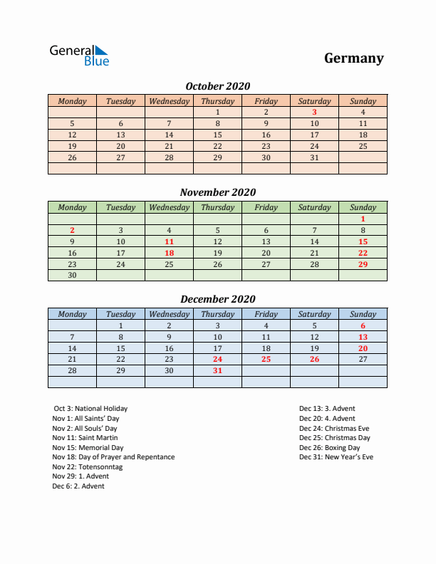 Q4 2020 Holiday Calendar - Germany