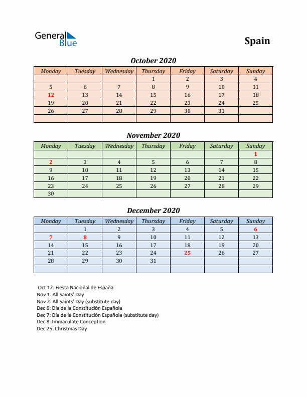 Q4 2020 Holiday Calendar - Spain