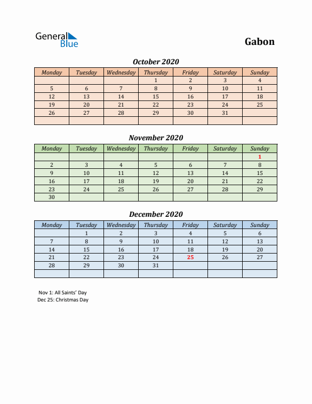 Q4 2020 Holiday Calendar - Gabon