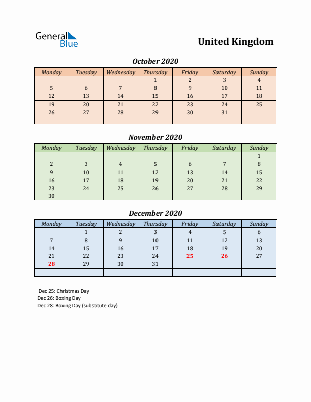 Q4 2020 Holiday Calendar - United Kingdom