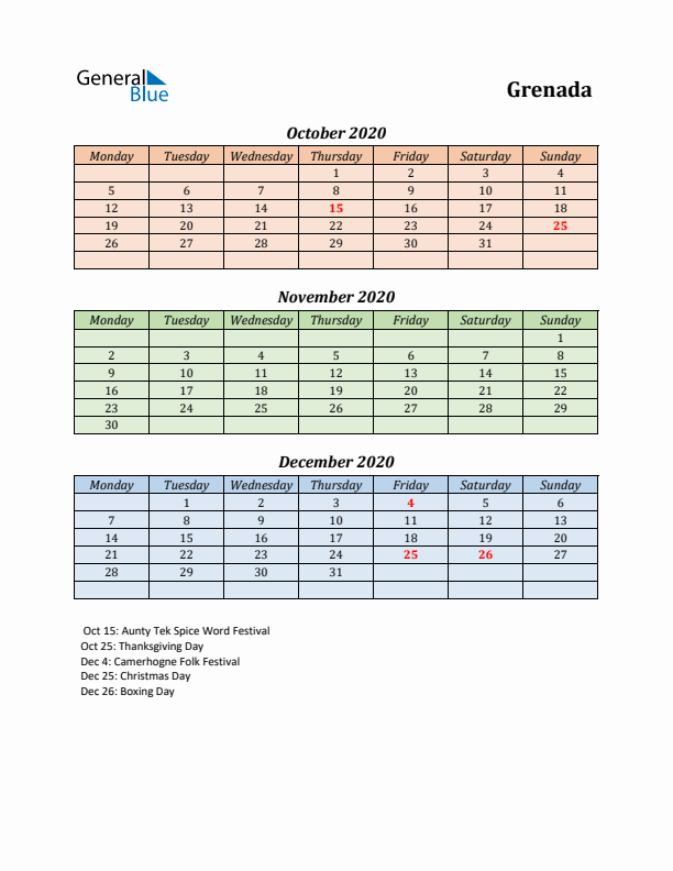 Q4 2020 Holiday Calendar - Grenada