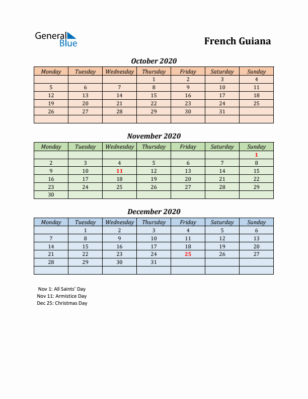 Q4 2020 Holiday Calendar - French Guiana