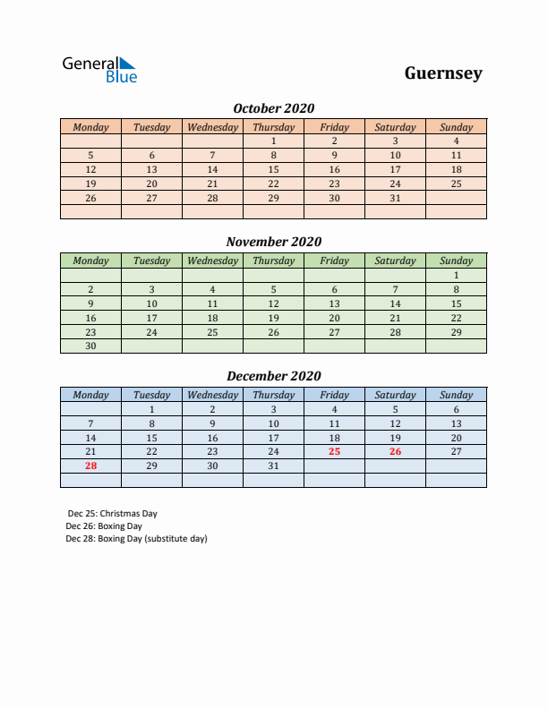 Q4 2020 Holiday Calendar - Guernsey