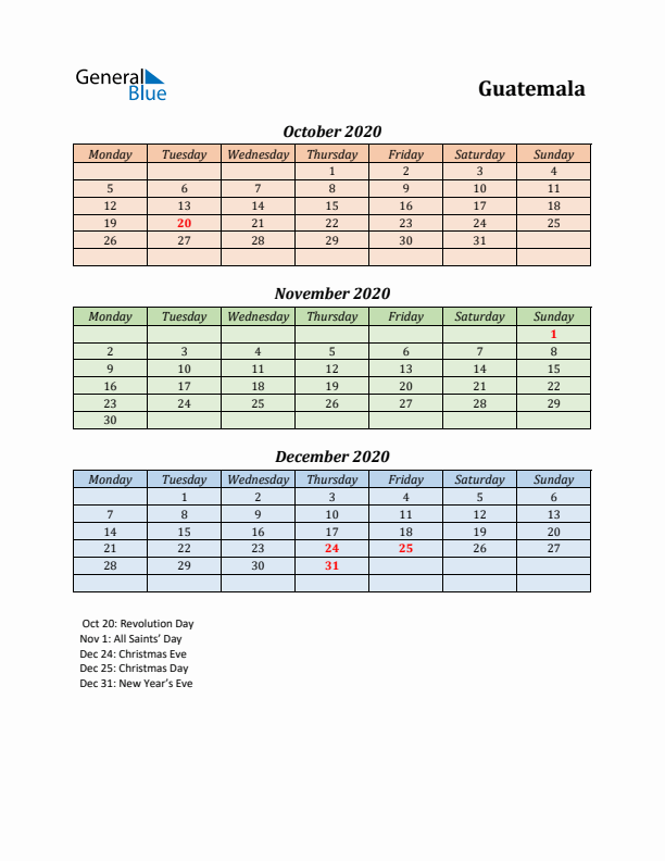 Q4 2020 Holiday Calendar - Guatemala