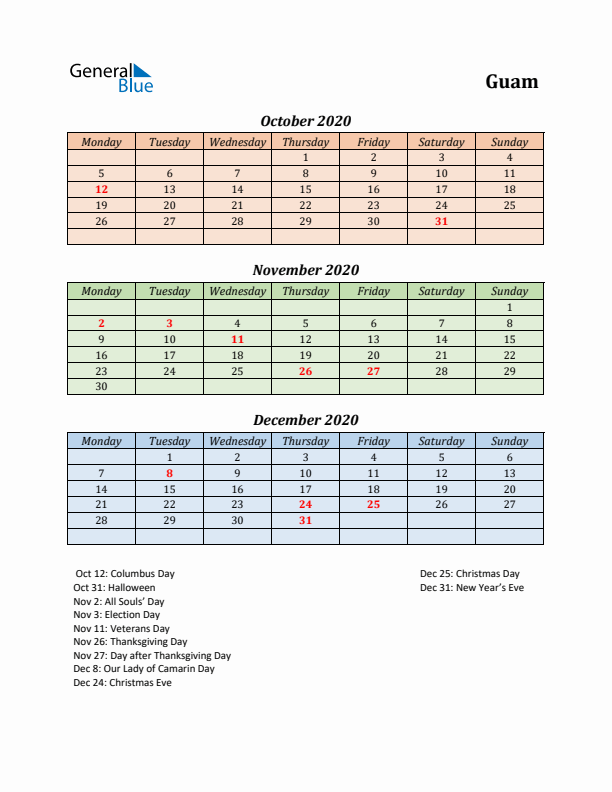 Q4 2020 Holiday Calendar - Guam