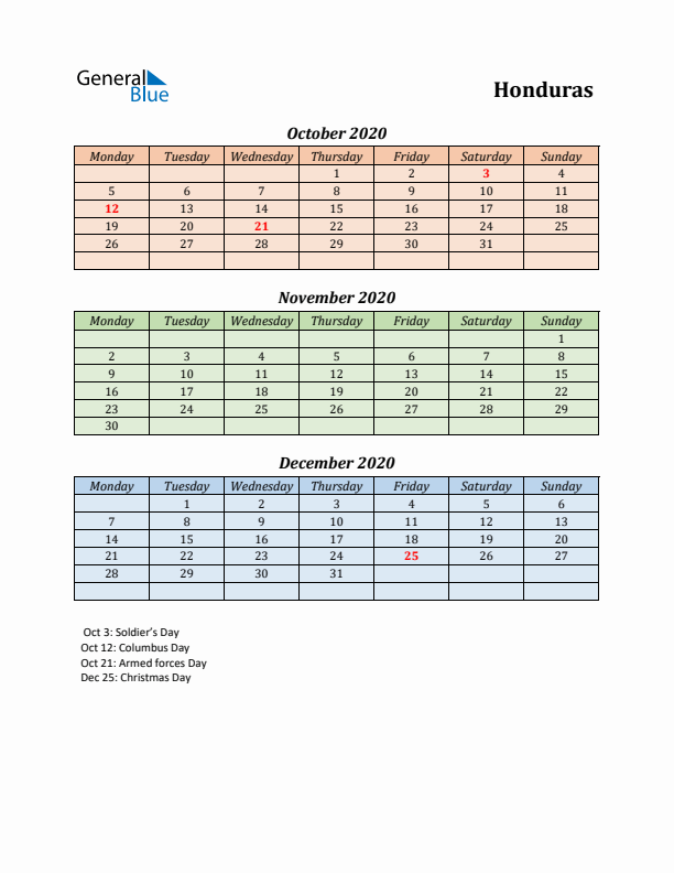 Q4 2020 Holiday Calendar - Honduras