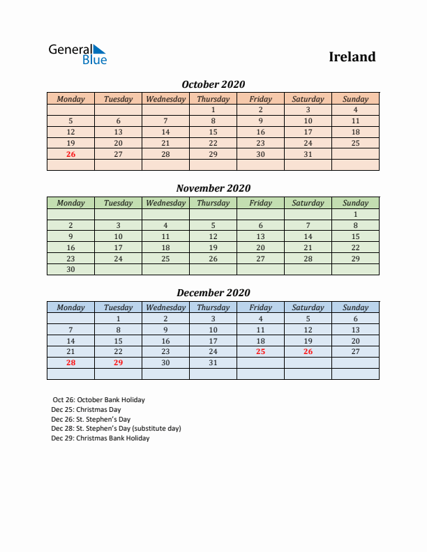 Q4 2020 Holiday Calendar - Ireland