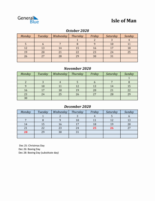 Q4 2020 Holiday Calendar - Isle of Man