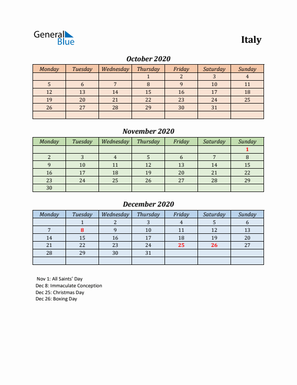 Q4 2020 Holiday Calendar - Italy