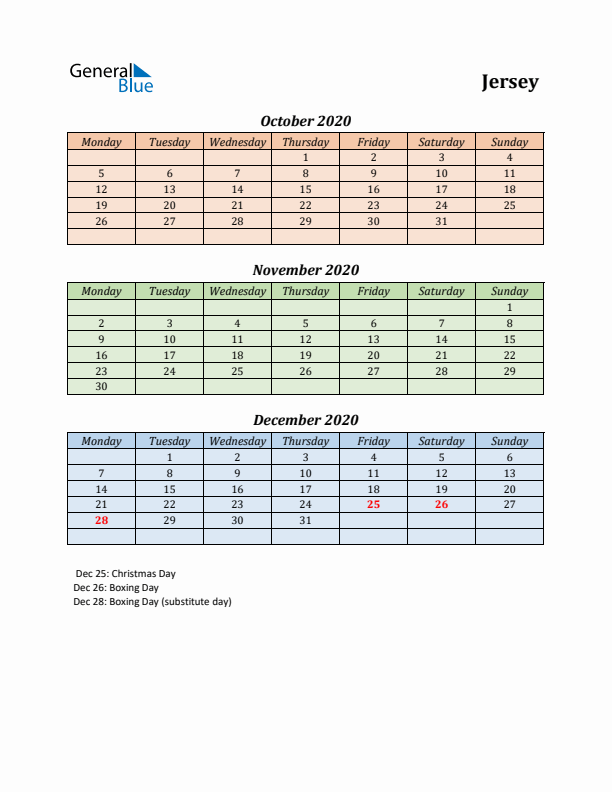 Q4 2020 Holiday Calendar - Jersey