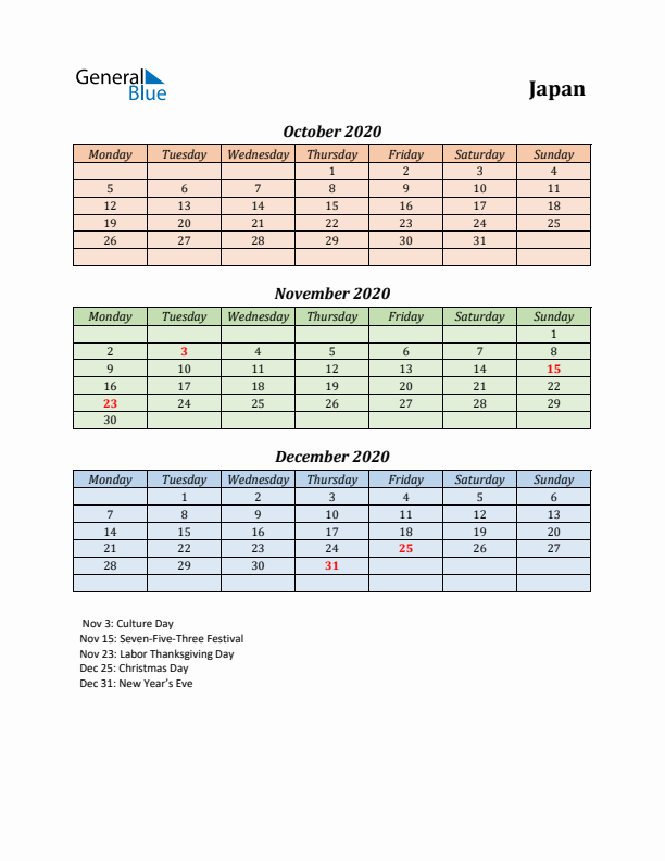 Q4 2020 Holiday Calendar - Japan