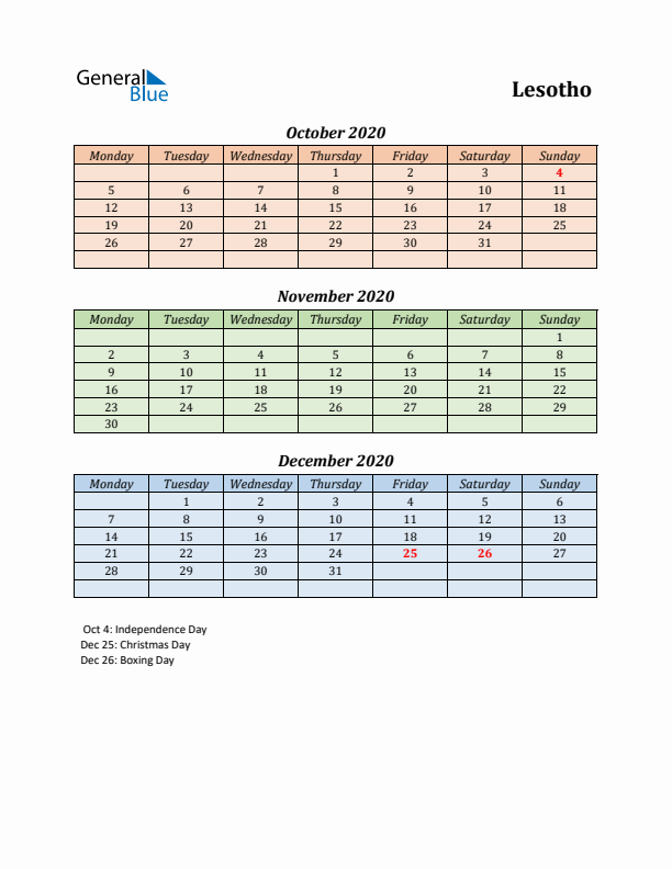 Q4 2020 Holiday Calendar - Lesotho