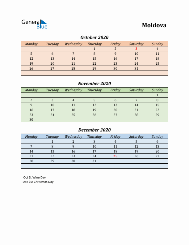 Q4 2020 Holiday Calendar - Moldova