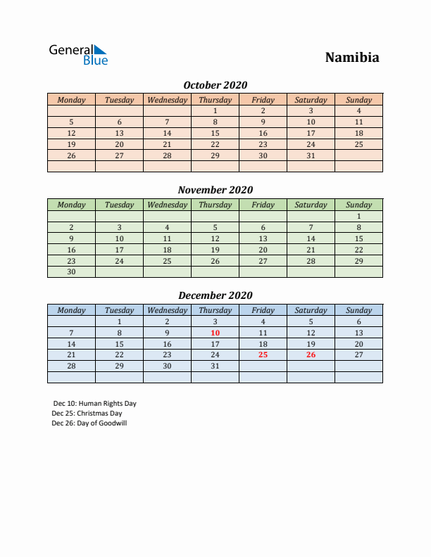 Q4 2020 Holiday Calendar - Namibia