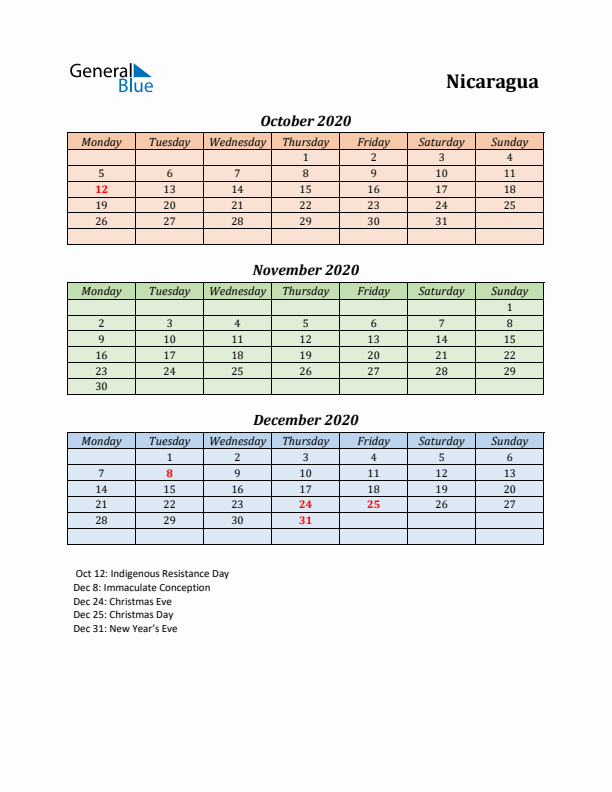 Q4 2020 Holiday Calendar - Nicaragua