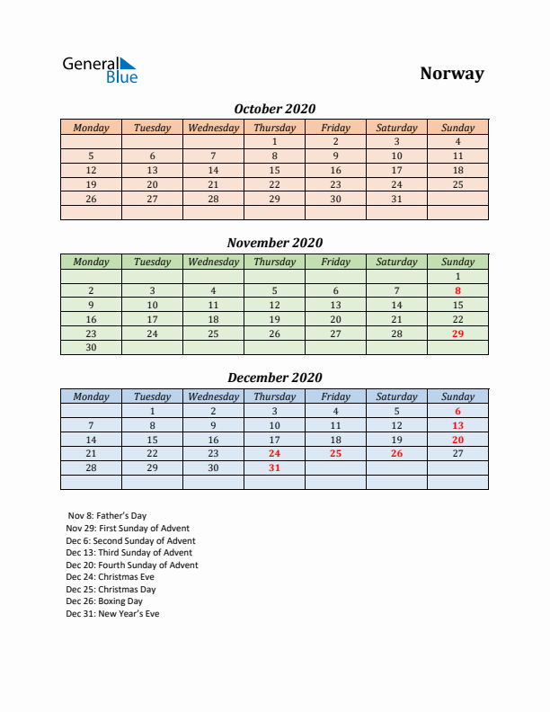 Q4 2020 Holiday Calendar - Norway