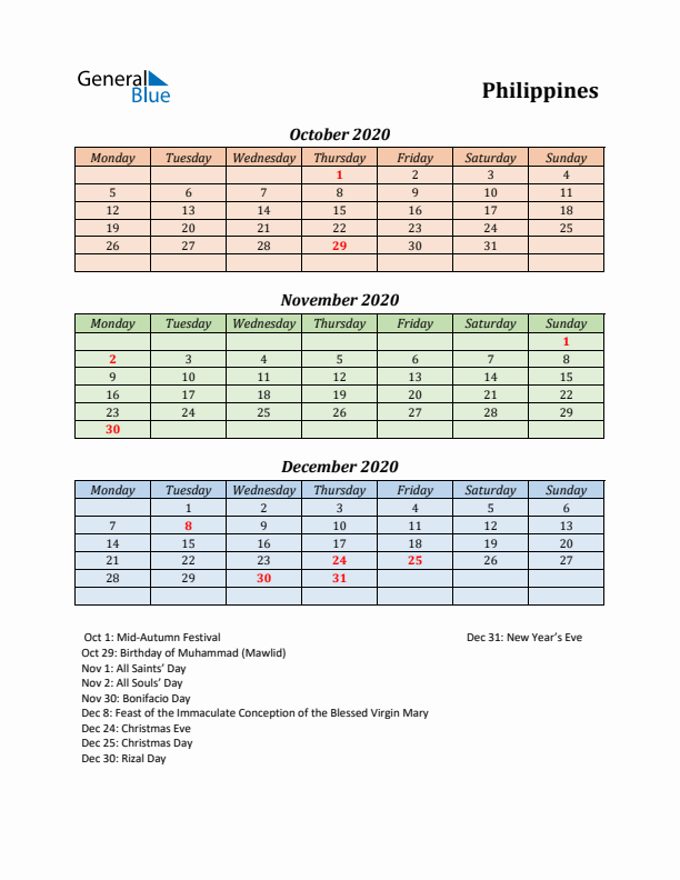 Q4 2020 Holiday Calendar - Philippines