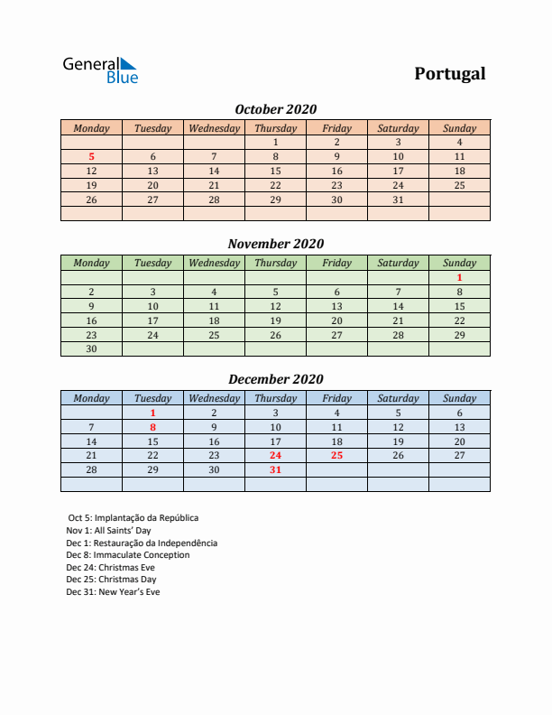 Q4 2020 Holiday Calendar - Portugal