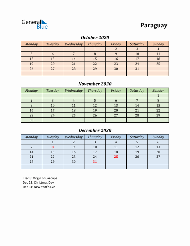 Q4 2020 Holiday Calendar - Paraguay