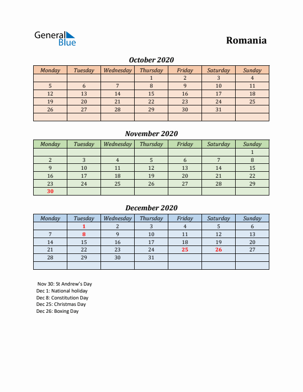 Q4 2020 Holiday Calendar - Romania