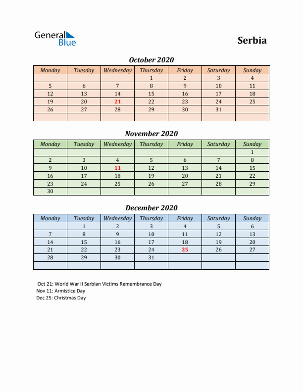 Q4 2020 Holiday Calendar - Serbia