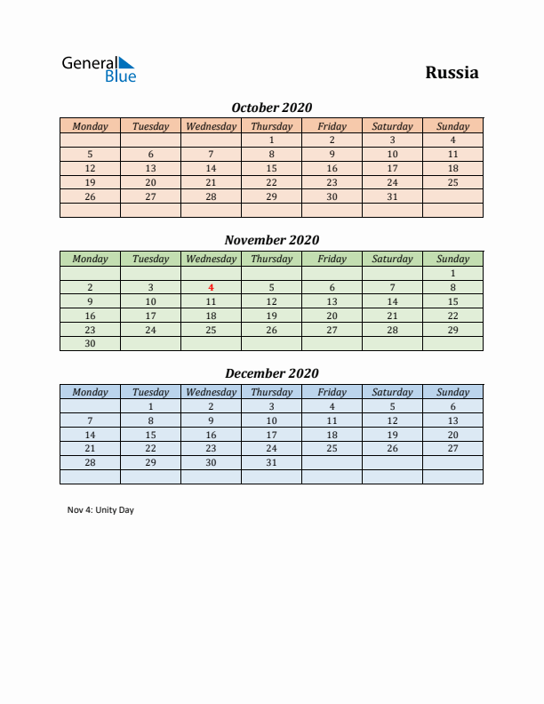 Q4 2020 Holiday Calendar - Russia