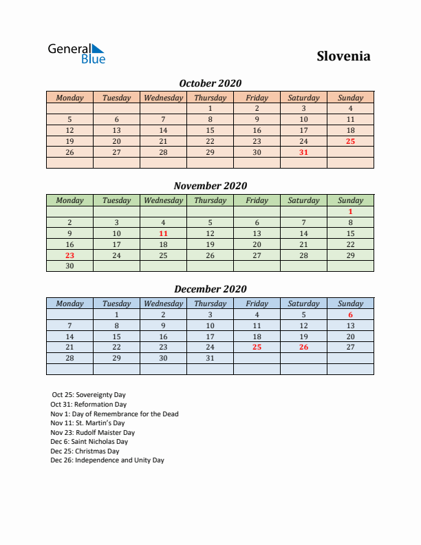 Q4 2020 Holiday Calendar - Slovenia