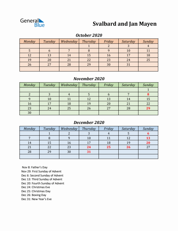 Q4 2020 Holiday Calendar - Svalbard and Jan Mayen