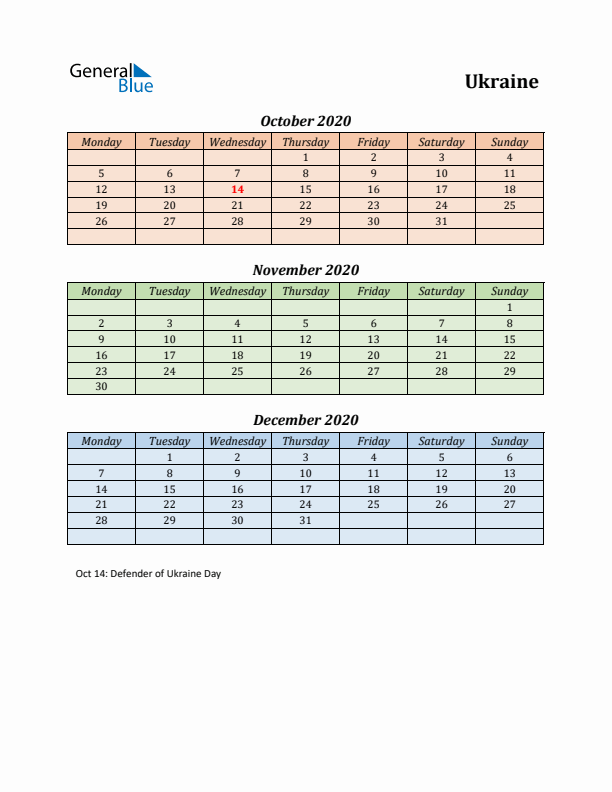 Q4 2020 Holiday Calendar - Ukraine