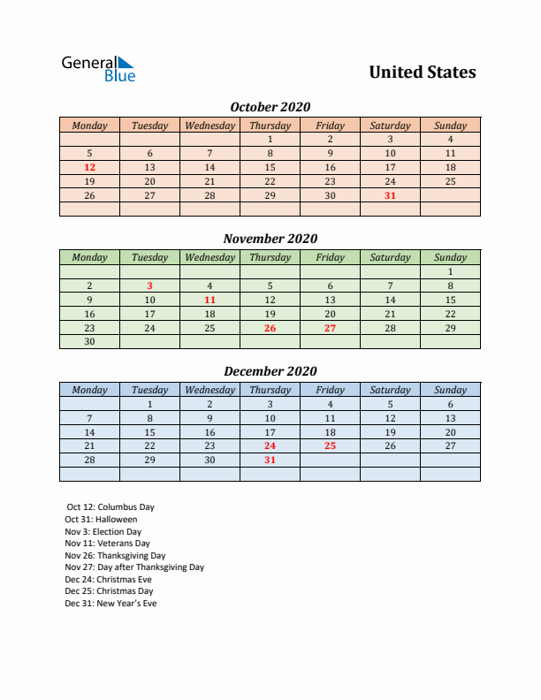 Q4 2020 Holiday Calendar - United States