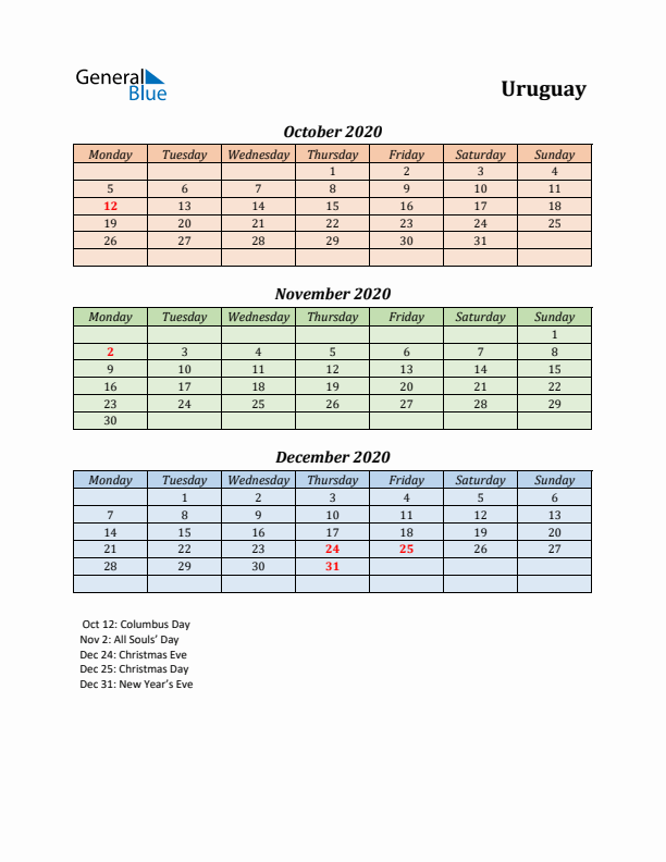 Q4 2020 Holiday Calendar - Uruguay