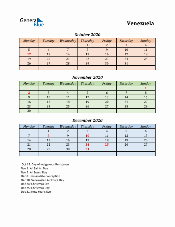 Q4 2020 Holiday Calendar - Venezuela