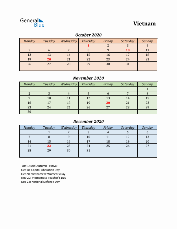 Q4 2020 Holiday Calendar - Vietnam