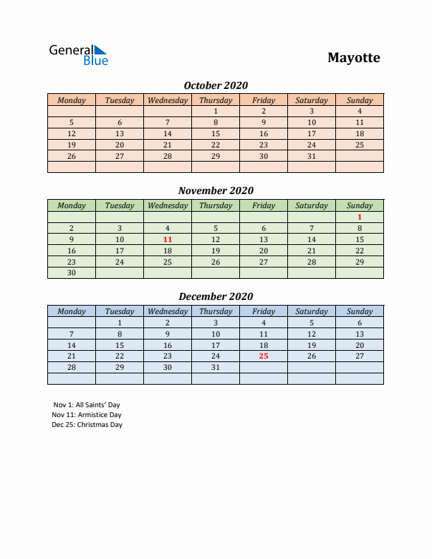 Q4 2020 Holiday Calendar - Mayotte