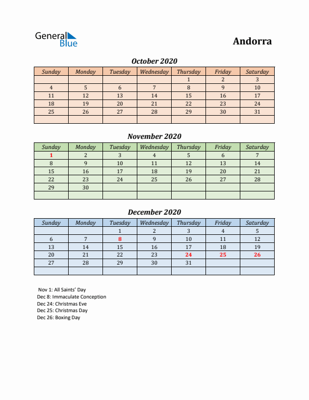 Q4 2020 Holiday Calendar - Andorra