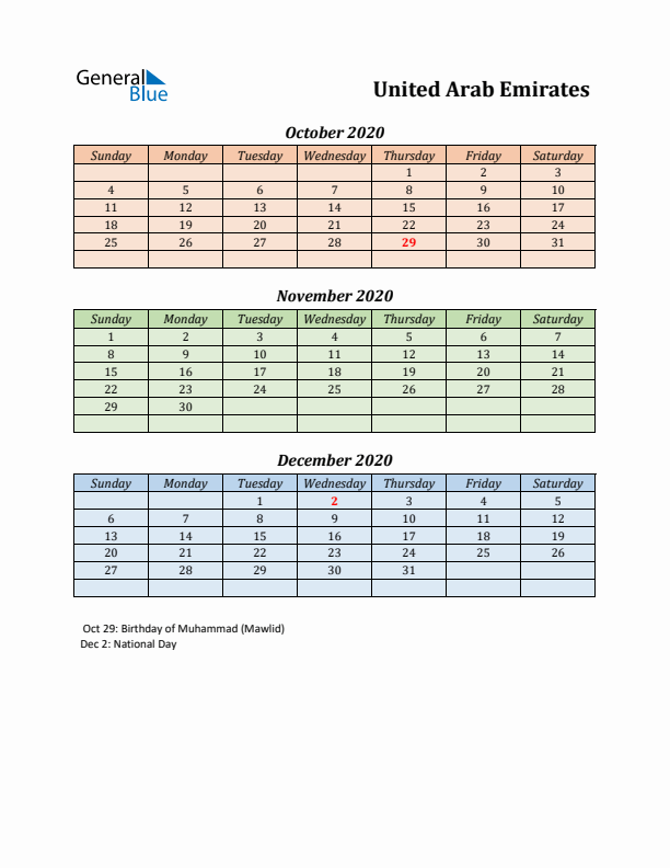 Q4 2020 Holiday Calendar - United Arab Emirates