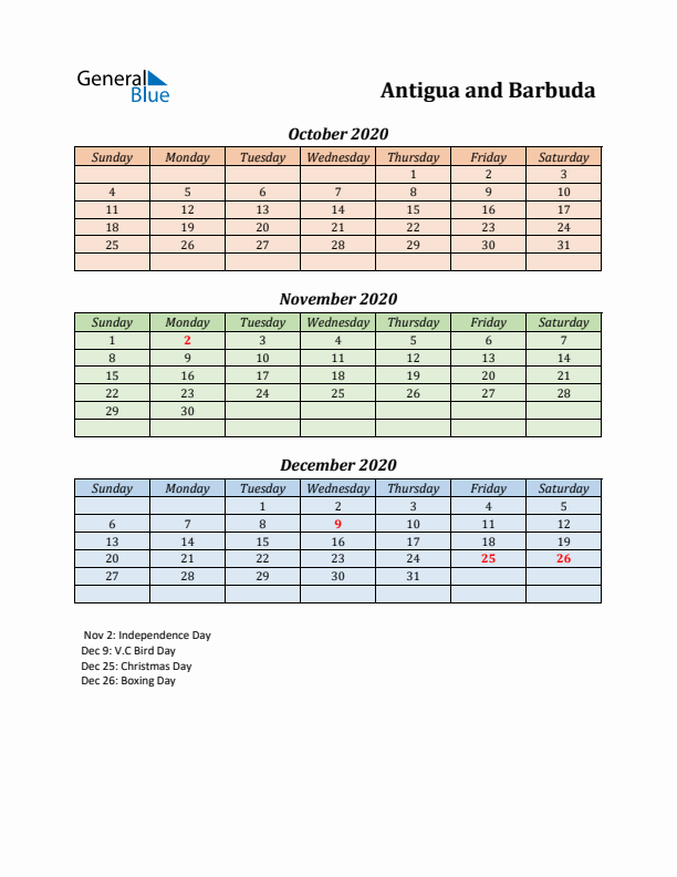 Q4 2020 Holiday Calendar - Antigua and Barbuda