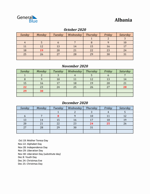 Q4 2020 Holiday Calendar - Albania