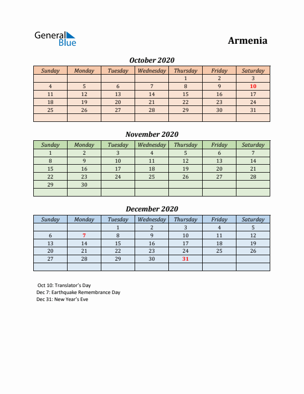 Q4 2020 Holiday Calendar - Armenia