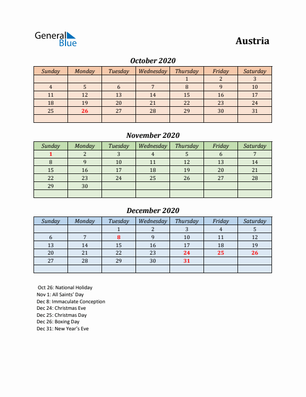 Q4 2020 Holiday Calendar - Austria