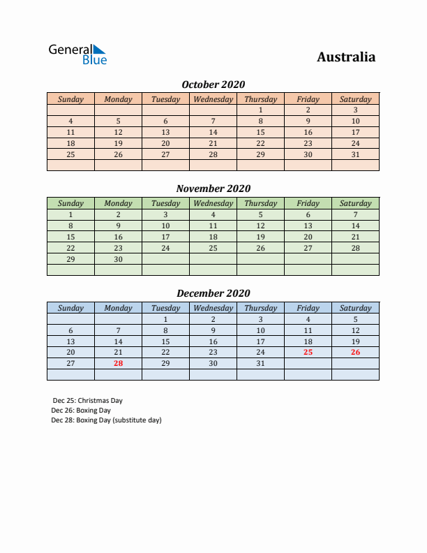 Q4 2020 Holiday Calendar - Australia